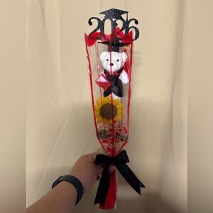 White Graduation Teddy with crochet socks sunflower in Clear Red-Trim Bouquet